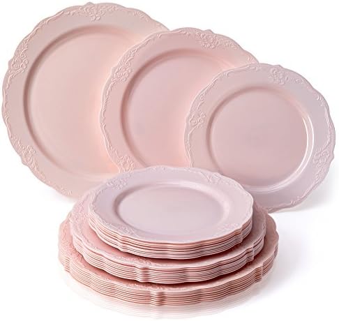 Vintage Collection Set of Blush Dinner, Salad & Dessert Plates - High Quality Embossed Rim Design Disposable Dinnerware - Great for Formal Dinners, Weddings, and Holidays (Set of 30) by SilverSpoons