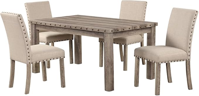 Morden Fort Farmhouse Dining Set for 4, 60" Rectangular Wooden Table & 4 Upholstered Chairs with Nailhead Accents, 5-Piece Kitchen Table Set for Dining Room, Breakfast Nook, Antique Rustic