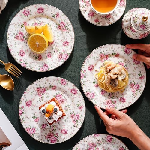 Agyiuns Porcelain Floral Plates, 8in Set of 4 Round Small Appetizer Dessert Plates for dessert，bread (White with flowers) - Image 3