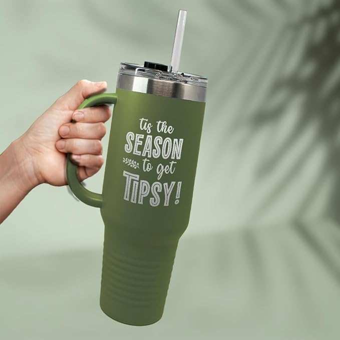 Tumbler Cups with Straw Tis The Season to Get Tipsy Christmas Xmas Coffee Tumbler with Lid Personalized Insulated Travel Mugs Engraved Stainless-Steel 20 Oz Forest Green Design Only