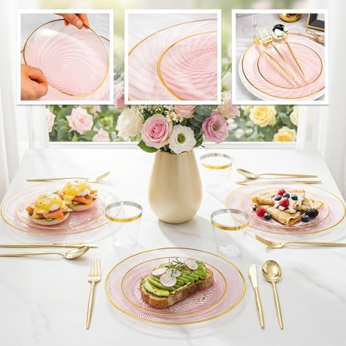 N9R 180PCS Pink and Gold Plastic Plates Disposable, Spiral Dinnerware Set - Image 5