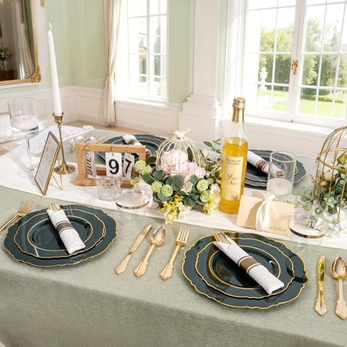 Liacere 175PCS Green Plastic Plates - Emerald Green Disposable With Gold Rim - 25Guest Baroque Plastic Dinnerware include 50Plates-25Pcs Pre Rolled Napkins with Silverware 25Cups for Party & Wedding - Image 2