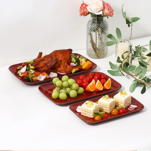 vicrays Ceramic Rectangle Serving Platters - 14" 12" 10" Porcelain Serving Trays Plates for Party BBQ Appetizers Sushi Dessert - Microwave Oven and Dishwasher Safe - Set of 3 -Cherry Red - Image 6
