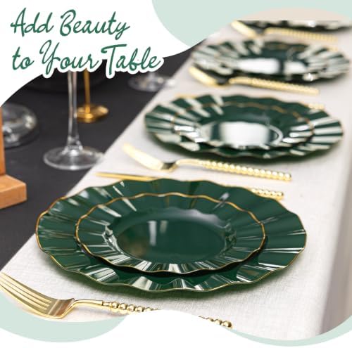 120PCS Dark Green Plastic Plates, Wavy Plates with Gold Rim - Image 5
