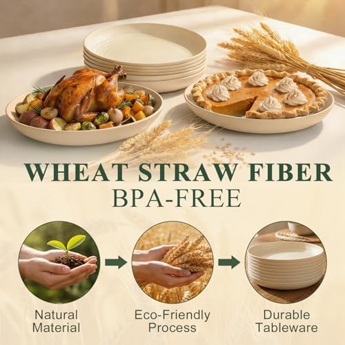 Large Dinner Plates Set for 8, Wheat Straw Plate 11 Inch, Unbreakable & Lightweight Serving Plates, Microwave & Dishwasher Safe Big Plate for Restaurant, Camping, Kitchen - Beige - Image 3