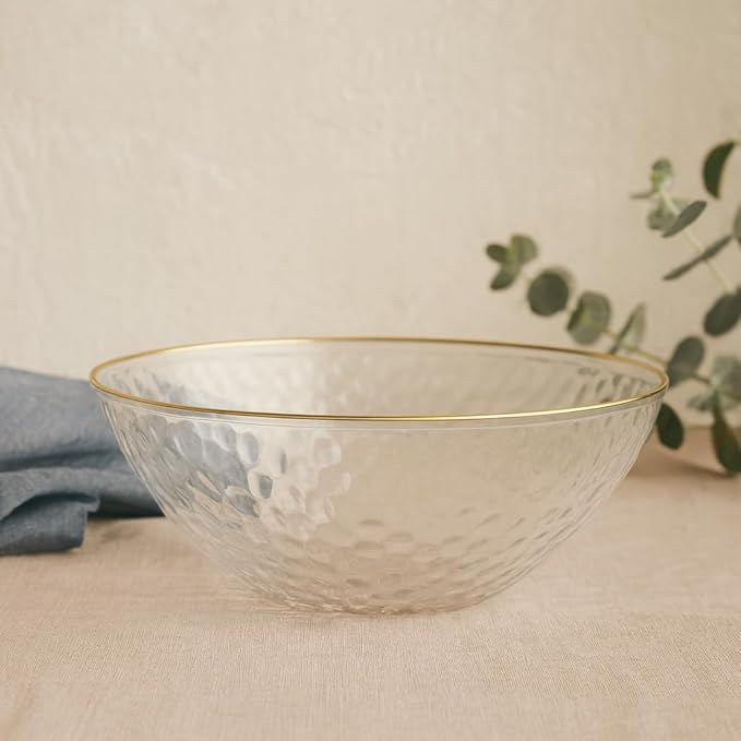 R-kay 100 Pack Hammered Gold Plastic Bowls Disposable Heavy Duty - 12 Oz Clear Plastic Bowls For Parties - Premium Clear Disposable Bowls for Hot Soup, Salads.