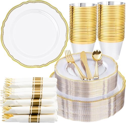 Hioasis 175 Pcs Clear Gold Plastic Plates Wedding & Party by Hioasis
