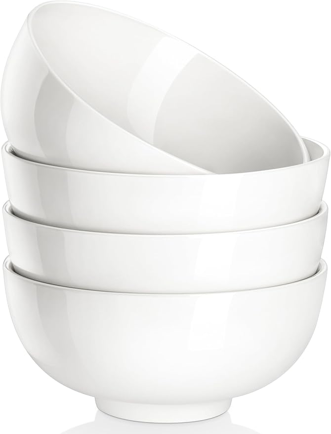 MALACASA 26 Oz Porcelain Soup Bowls Set of 4, White Ceramic Bowls for Kitchen, Cereal Bowl for Oatmeal, Fruit, Salad, Ramen and Rice Bowl -Dishwasher & Microwave Safe Bowls