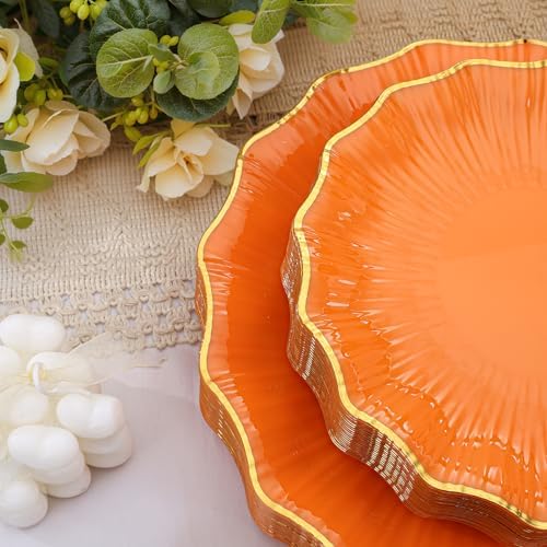 Rubtlamp 60Pcs Orange Plastic Plates - Orange Scalloped Plates with Gold Trim - 30 Dinner & 30 Dessert Platos, Heavy-duty Gold Plates for Party (30 Guests) - Image 3