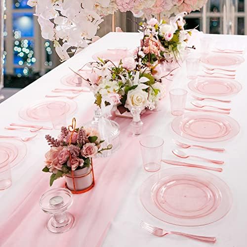 DaYammi 150Pcs Pink Plastic Plates with Silverware & Pink Cups for Party - Image 5