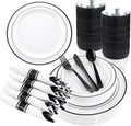 WELLIFE 210Pcs Black Plastic Dinnerware with Pre Rolled Napkins, Include:30 Dinner Plates, 30 Dessert Plates, 30 Paper Napkins, 30 Cups, 90 Plastic Cutlery by WELLIFE