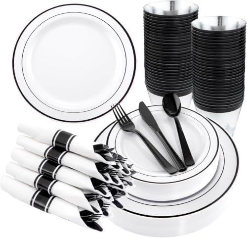 WELLIFE 350Pcs Black Plastic Dinnerware with Pre Rolled Napkins, Include:50 Dinner Plates, 50 Dessert Plates, 50 Paper Napkins, 50 Cups, 150 Plastic Cutlery by WELLIFE
