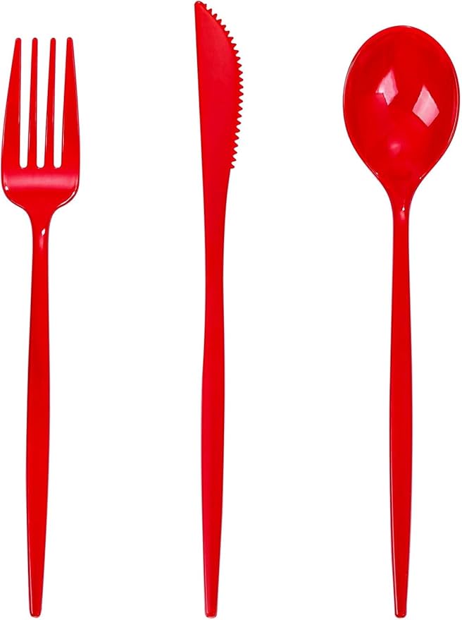 PULOTE 150PCS Red Plastic Silverware Set - Heavy Duty Plastic Cutlery - Red Utensils Disposable Include 50 Forks, 50 Spoons, 50 Knives for Party & Valentines Day