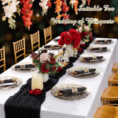 Supernal 30 Pack Pre Rolled Gold Plastic Silverware with Black Napkins - Image 2