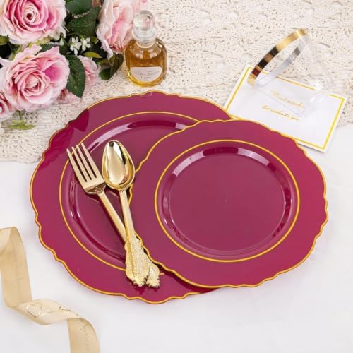Liacere 175PCS Red Plastic Plates - Disposable Burgundy Red and Gold - 25guest Baroque Plastic Dinnerware include 50Plates, 25Pack Pre Rolled Napkins with Silverware 25Cups for Party & Halloween - Image 5