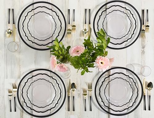 PLASTICPRO 64 Pack Elegant Disposable Plastic Plates Combo Set Includes 32 Dinner Plates and 32 Salad Plates Heavy Duty Fancy Party Plates Clear & Black Contemporary Design - Image 3