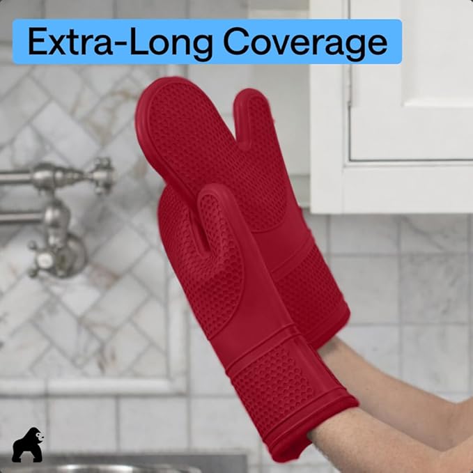 GORILLA GRIP BPA-Free Soft Silicone Oven Mitts, 14.5x8.3, Heat Resistant and Waterproof Cooking Gloves, Thick Cotton Lining, Flexible Gripping Kitchen Potholders Set of 2, Christmas Kitchen Decor, Red
