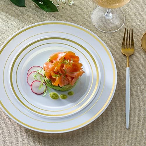 SETUP 60-Piece Gold Trim Plastic Dinnerware Set – 30 10.25" Dinner & 30 7.5" Salad Plates – Heavy-Duty Disposable for Weddings, Catering, Parties - Image 6