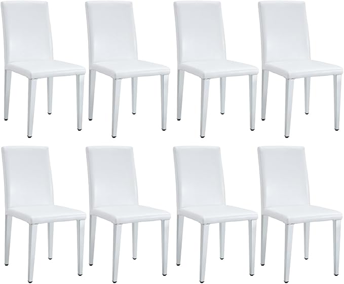 White Dining Chairs Set of 8,Faux Leather with Chrome Plate Metal Legs,Armless Kitchen Room Chairs Set of 8,Max Load 300 Lbs,High Back Modern Design for Home Kitchen Living Room Bedroom