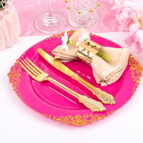 125PCS Hot Pink Plastic Plates for Wedding Party Birthday - Image 2