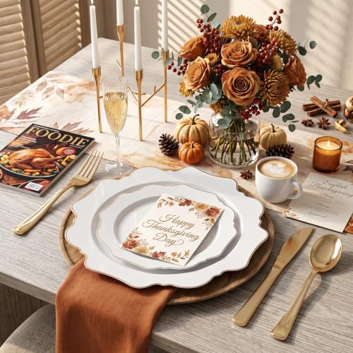 WDF 50PCS White and Gold Plastic Plates - Fall Disposable Plates for Party - Image 3