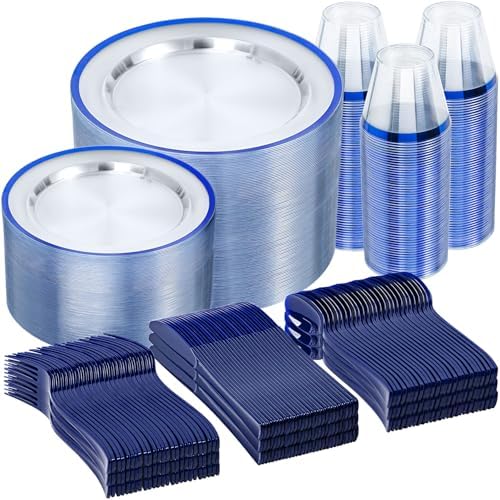 N9R 600PCS Clear Blue Plastic Plates, Disposable Dinnerware Set for Party by N9RTABLEWARE