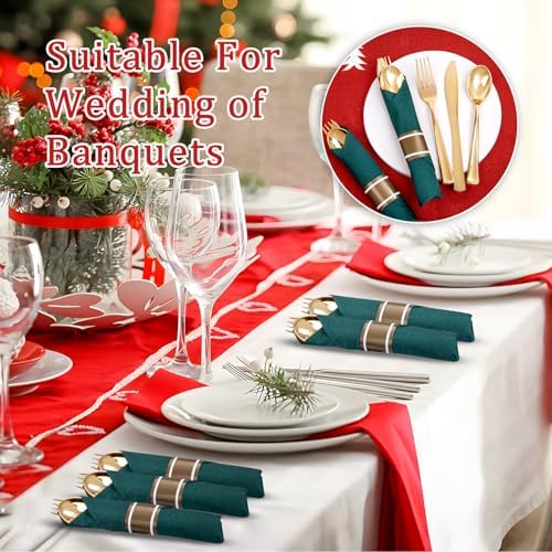 Supernal 30 Pack Pre Rolled Gold Plastic Silverware with Green Napkins - Image 4