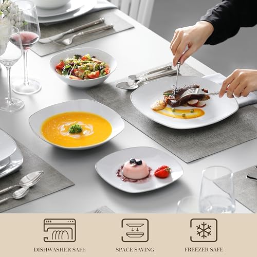 MALACASA Dinnerware Sets, 24 Piece Porcelain Square Dishes, White with Silver Rim Plates and Bowls Sets, Ceramic Dish Set for 6, Chip Resistant Dishware Sets, Series ELISA - Image 4