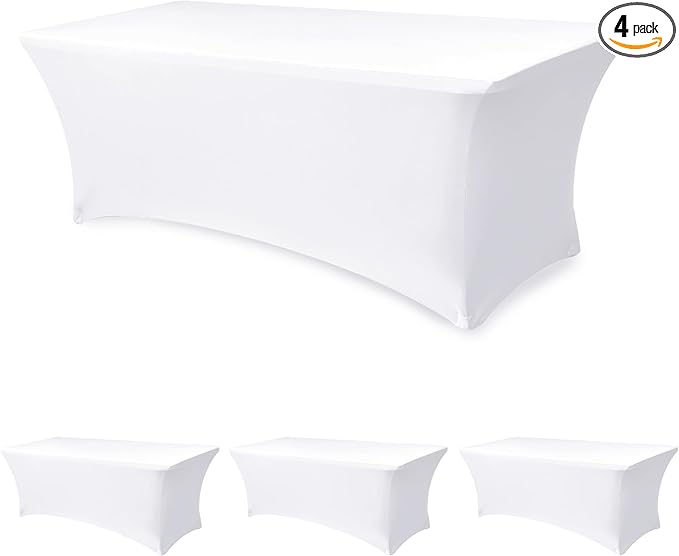 Spandex Table Cloths for 8 Foot Rectangle Tables-4 Pack Fitted Stretch White Table Covers-Elastic Folding Tablecloths for Party, Vendor Booth Display, Banquet Buffet Event, Craft Trade Show