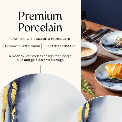 Joseph Sedgh Collection Durable Porcelain Dinnerware Set, 12-Piece, Lazuli Blue and Gold - Image 4