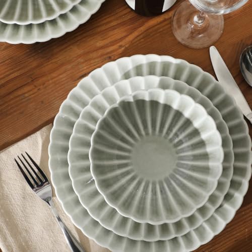 Gibson Elite Peach Orchard 12-Piece New Bone China Dinnerware Set Service for 4, Embossed Fluted Plates and Bowls, Dishwasher and Microwave Safe, Sage Green - Image 6