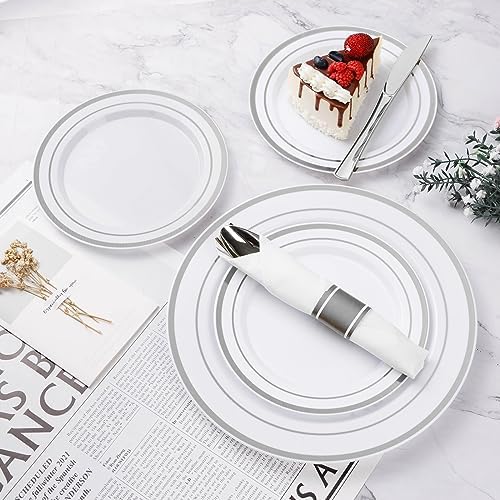 BESTVIP 875 Piece Silver Plastic Dinnerware Set for 125 Guests - Image 6