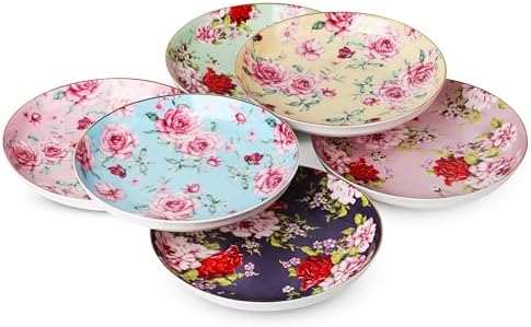 BTaT- Floral Dessert Plates Ceramic, Set of 6, 8 Inch, Assorted Colors with Golden Rim, Deep Porcelain Floral Plates Set of 6, Dishwasher Safe by BrewToATea