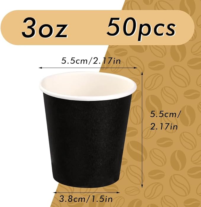 Wuadua 50 Pack 3 oz Black Espresso Paper Cups - Sturdy and Leak-Proof for Parties, Events, Office, Home Use Disposable Mouthwash Cups - Ideal for Hot/Cold Drinks, Smooth Rim Design, Eco-Friendly