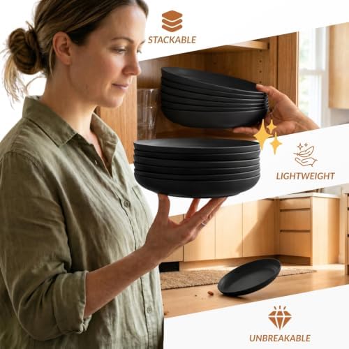 Homienly Wheat Straw Deep Plates 9 Inch Unbreakable Dinner Plates Set of 6 Reusable Plastic Plates for Salad, Bread & Butter, Breakfast, Microwave & Dishwasher Safe Camping Plates (Black) - Image 5