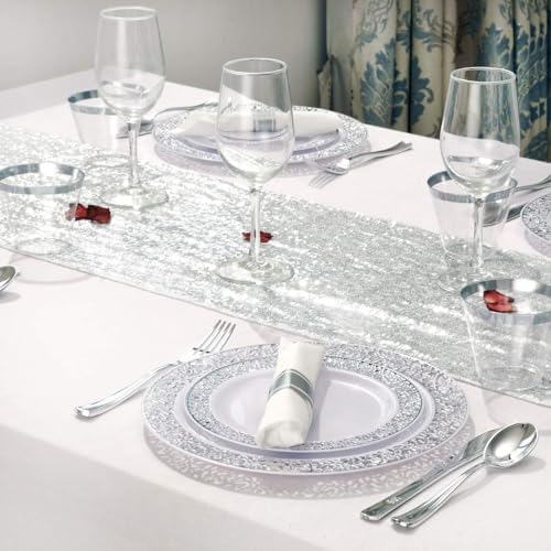 WELLIFE 350 Pieces Silver Disposable Plastic Dinnerware, Includes:50 Dinner Plates, 50 Dessert Plates, 50 Cups, 50 Pre Rolled Napkins with Silver Cutlery - Image 4