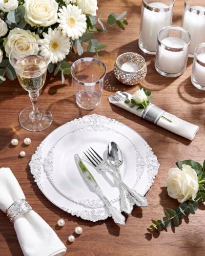 Nervure 175Pcs Silver Plastic Plates, Plastic Dinnerware Set for 25 Guests - Image 2