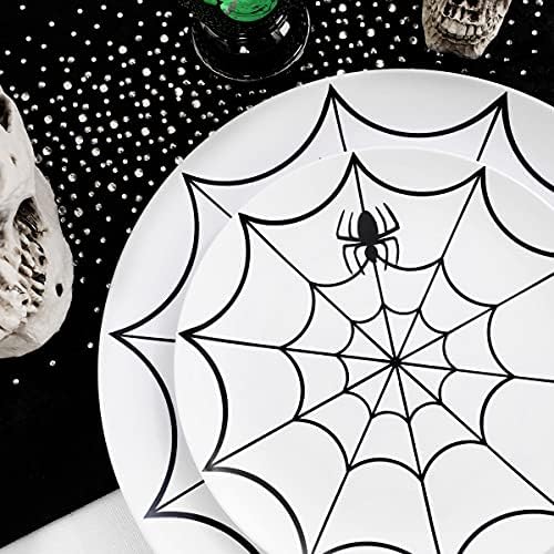 WDF 60Pieces Halloween Plates Disposable Plastic - White and Black with Cobwebs plates Dinnerware include 30PCS 10.25inch and 30PCS 7.5inch Plates for Halloween - Image 4