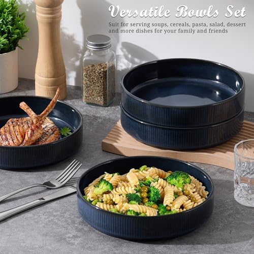 E-far Pasta Bowls Set of 4, 35oz Large Salad Bowl Plate for Dinner Serving, Wide & Shallow Ceramic Stoneware Pasta Plates, Microwave & Dishwasher Safe, Reactive Glaze Textured Stripes, Dark Blue - Image 4
