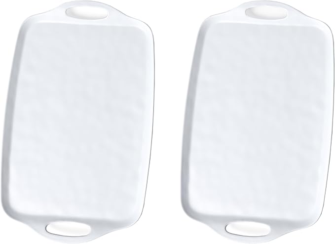 Large Serving Tray Set of 2 – 19 x 12 Inch White Rectangular Melamine Trays with Handles – Durable Plastic Food Serving Tray for Snacks, Meals, Parties, Outdoor & Indoor Use