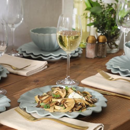 Gibson Elite Bistro Fleur Plates and Bowls Sets, 12-Piece Stoneware Dinnerware Set for 4, Sage Blue Scalloped Dish Set with Dinner Plates, Salad Plates & Bowls - Image 6