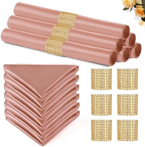 Rose Gold Satin Napkins & Napkin Rings Set, 100 Pack, 12x12 Inch by Eychei