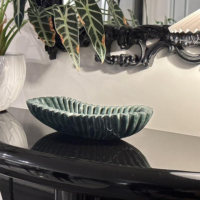 Handmade Oval Fluted Marble Bowl, Table Centerpiece Decorative Marble Bowl, Green Large Ruffle Bowls for Table Centerpiece