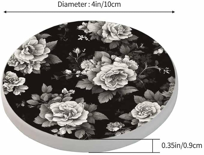 Watercolor Black Flowers Cup Coasters Set of 2 Elegance Botanical Flower Pattern Grey Rose Bouquet Wooden Table Apartment Decor 100% Diatomite for Drinking Glasses,4 Inches