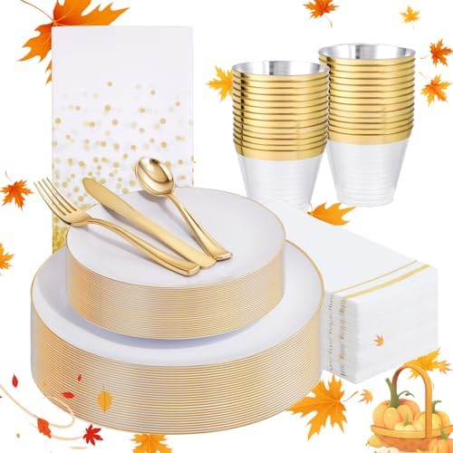 Festiva 175PCS White and Gold Plastic Plates - White with Gold Rim Fall Dinnerware Set - 25Guest include Plates Cups Cutlery Napkins for Birthday Party&Wedding& Thanksgiving by Festiva