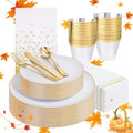 Festiva 175PCS White and Gold Plastic Plates - White with Gold Rim Fall Dinnerware Set - 25Guest include Plates Cups Cutlery Napkins for Birthday Party&Wedding& Thanksgiving by Festiva