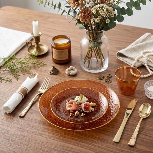 Rubtlamp 700Pcs Amber Gold Plastic Dinnerware Set, Hammered Clear Gold Plates, Fancy Plastic Plates Include 100 Dinner Platos, 100 Salad Platos, 100 Cups,100 Pack Pre Rolled gold plastic Silverware - Image 4