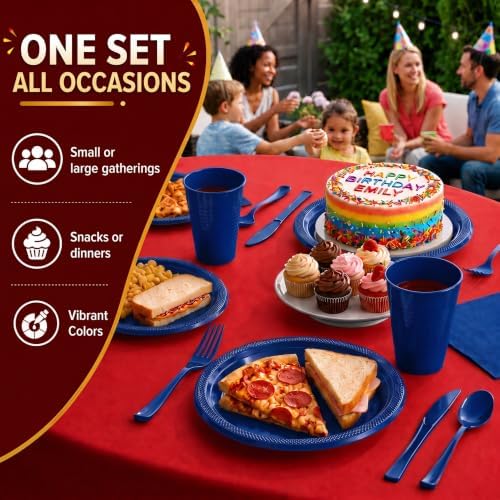 350 Pcs Dark Blue Plastic Plates for Party Dark Blue Disposable Plates Set 50 of Each 9 Dinner Plate Set 7 Dessert Plate Cups Napkins & Cutlery Plastic Dinnerware Set Exquisite - Image 6