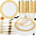 WELLIFE 175Pcs Gold Dinnerware Sets, Include:25 Dinner Plates, 25 Dessert Plates, 25 Paper Napkins, 25 Cups, 25 Plastic Cutlery Set by WELLIFE