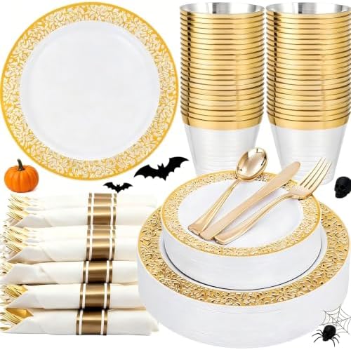 WELLIFE 175Pcs Gold Dinnerware Sets, Include:25 Dinner Plates, 25 Dessert Plates, 25 Paper Napkins, 25 Cups, 25 Plastic Cutlery Set by WELLIFE